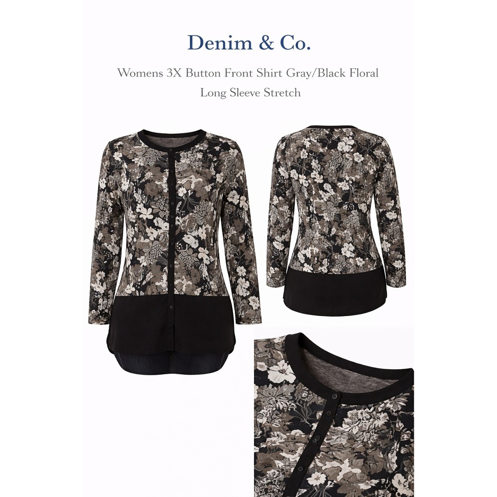Denim & Co Womens 3X Button Front‎ Shirt Gray Black Floral Long Sleeve Tunic Top